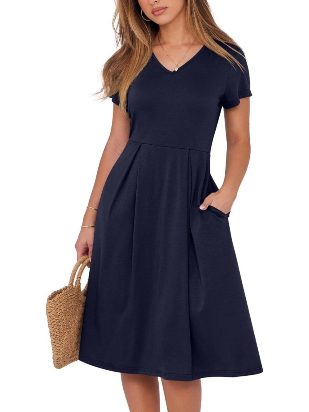 Summer Midi Dress for Women | Casual Short Sleeve, V-Neck, A-Line, Pleated with